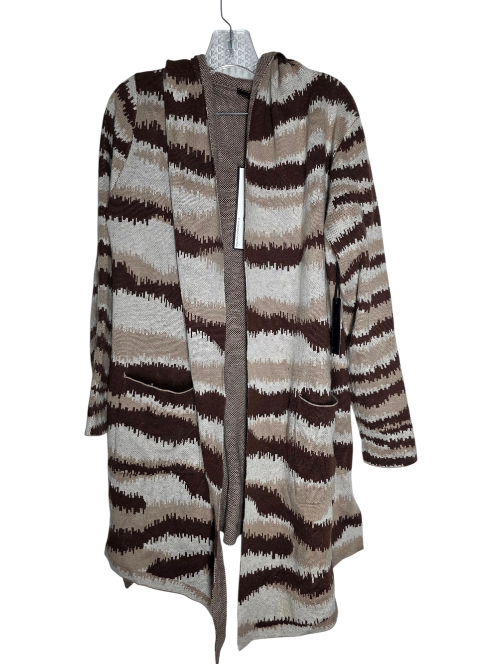 NWT Maxsport Open-Front Hooded Wave-Pattern Long Cardigan in Brown/Tan/Cream